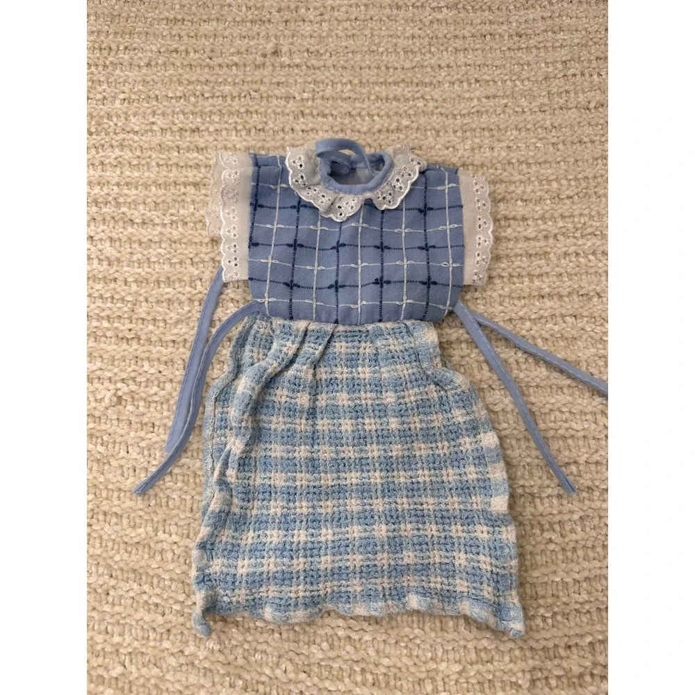 Vintage Doll Dress Blue Gingham Checkered Lace‎ Trim Teddy Bear Clothes Slip On